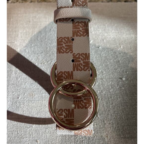 Steve Madden Logo Belt Double Ring Buckle Creme Tan‎ Gold Faux Leather LARGE - Picture 1 of 8
